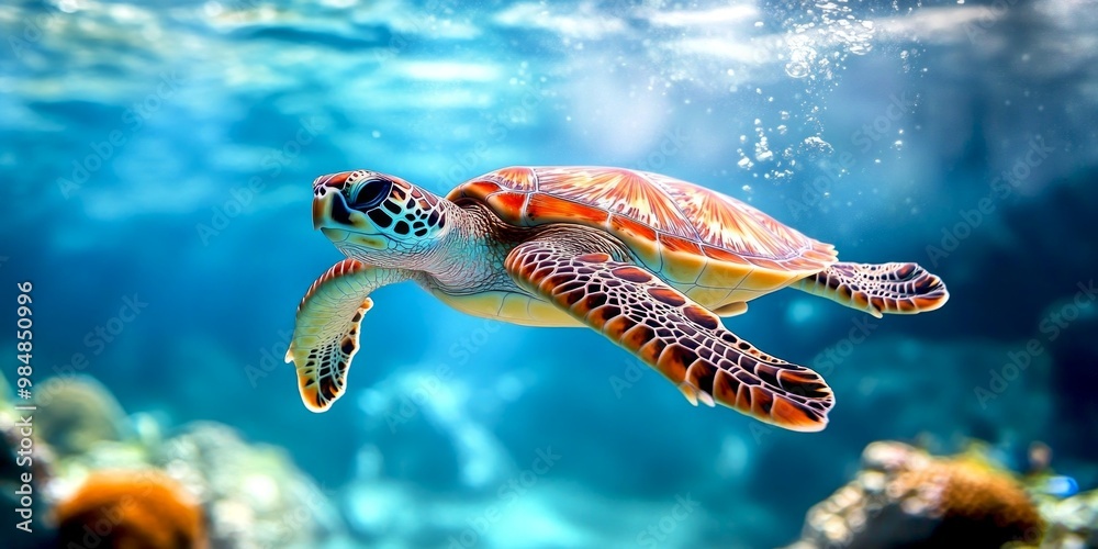 A graceful sea turtle glides through clear blue waters. This stunning underwater image captures the beauty of marine life. Perfect for ocean-themed projects and nature lovers. AI A graceful sea turtle glides through clear blue waters. This stunning underwater image captures the beauty of marine life. Perfect for ocean-themed projects and nature lovers. AI