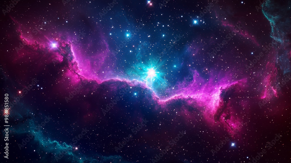 Fototapeta premium Cosmic Nebula with Glowing Star, Digital Art, Space Background, Starry Night, Galaxy, Nebula, Space