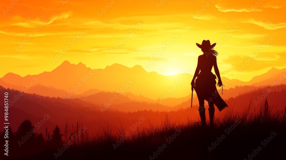 Fototapeta premium A lone cowgirl stands silhouetted against a vibrant sunset, a symbol of independence, strength, and the vastness of the western landscape. The image captures the spirit of the wild west, with mountain