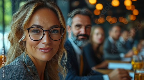 A businesswoman in glasses smiles at the camera during a business meeting.