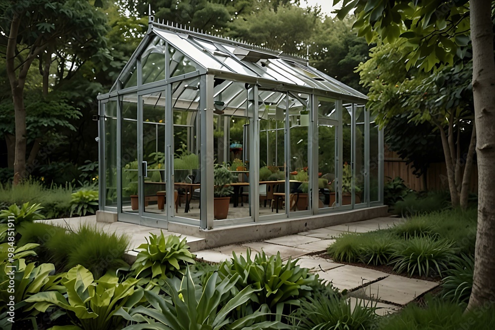 Modern greenhouse with a lush garden design. Modern greenhouse with a lush garden design.