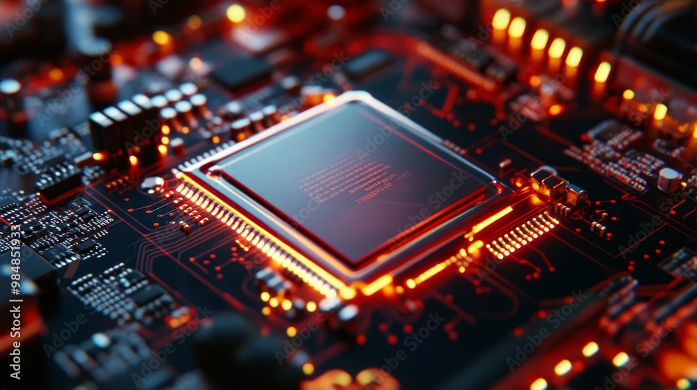 Illuminated Central Processing Unit on Motherboard, showcasing the intricate circuitry and glowing core, symbolizing power, innovation, and the heart of modern technology. Illuminated Central Processing Unit on Motherboard, showcasing the intricate circuitry and glowing core, symbolizing power, innovation, and the heart of modern technology.