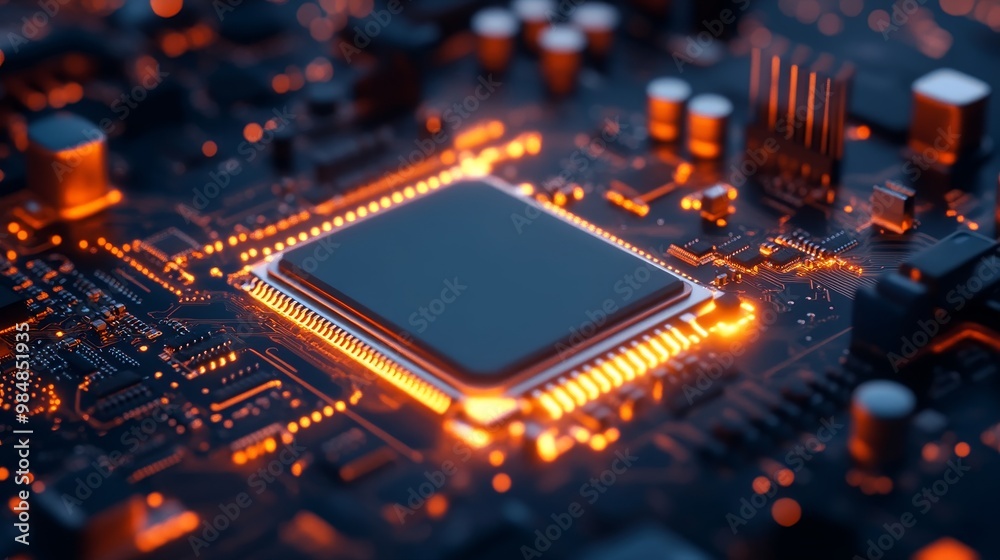 Close-up of a glowing CPU on a motherboard, representing technology, computing power, innovation, digital world, and future. Close-up of a glowing CPU on a motherboard, representing technology, computing power, innovation, digital world, and future.