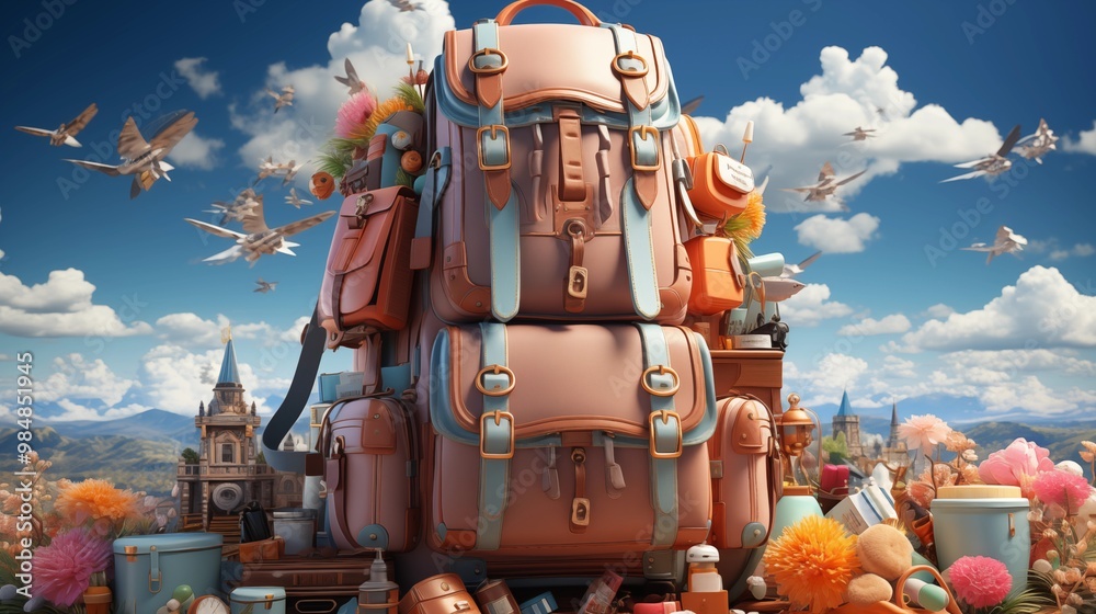 Fototapeta premium school accessories fly out of the beautiful backpack.