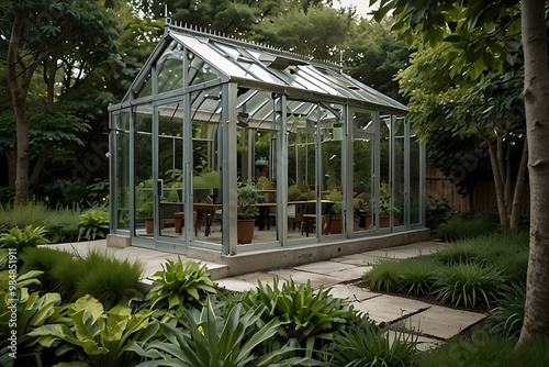 Modern greenhouse with a lush garden design.