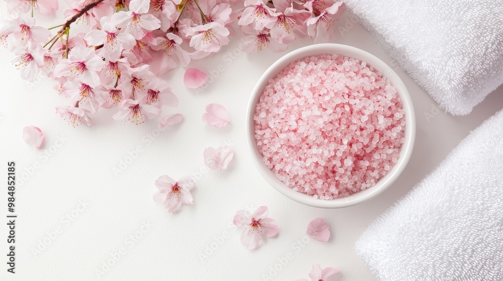Flat lay of pink bath salts, white towels, and cherry blossom petals on a white background, creating a serene and relaxing spa setting. Flat lay of pink bath salts, white towels, and cherry blossom petals on a white background, creating a serene and relaxing spa setting.