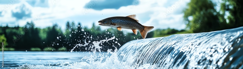 A salmon leaping over a waterfall in a river surrounded by lush green trees and a serene sky, showcasing nature's incredible power and beauty. A salmon leaping over a waterfall in a river surrounded by lush green trees and a serene sky, showcasing nature's incredible power and beauty.
