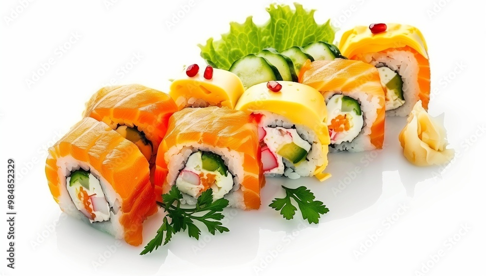 Sushi rolls with salmon, cheese, and cucumber, isolated on a white background. Japanese food concept Sushi rolls with salmon, cheese, and cucumber, isolated on a white background. Japanese food concept