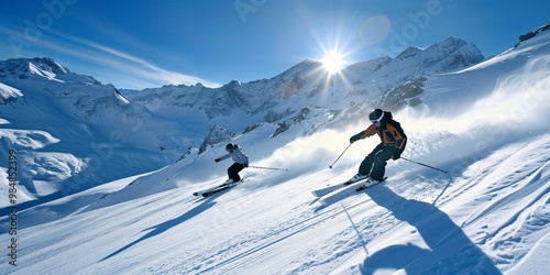 Two skiers ski down the slope against majestic snow-capped mountains, with a blue sky and bright sunshine. photo