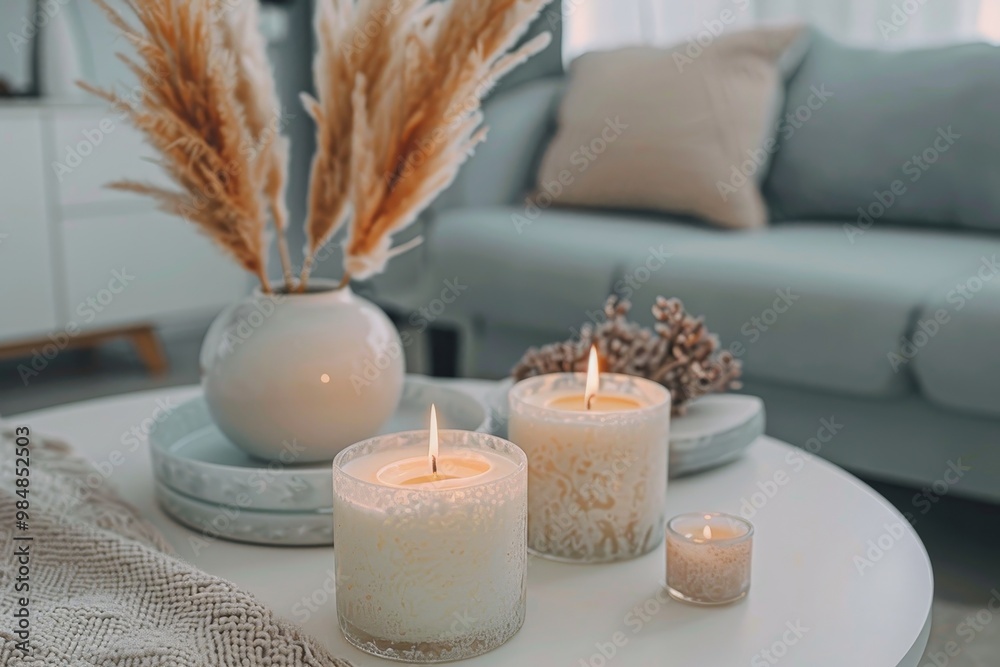 Candles on the coffee table in a modern home in pastel colors Candles on the coffee table in a modern home in pastel colors