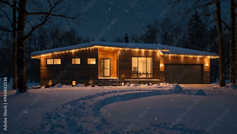 Modern home glowing with holiday lights in a snowy setting Modern home glowing with holiday lights in a snowy setting