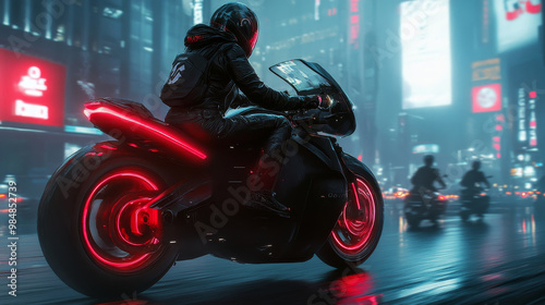 A woman in futuristic gear rides a sleek motorcycle through a neon-lit cityscape at night, showcasing a blend of technology, speed, and urban exploration. photo