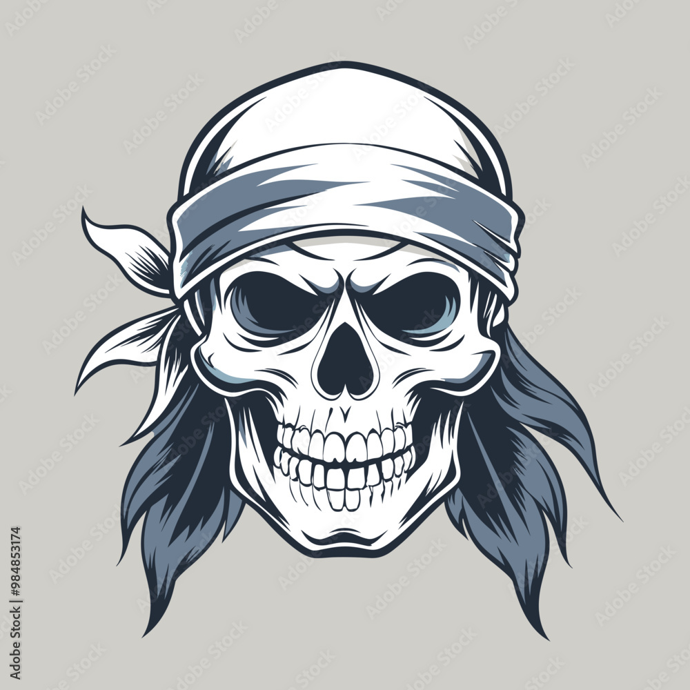 Fototapeta premium Pirate Skull Logo with Bandana, Vector Illustration for Adventure and Pirate Theme