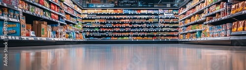 Wide-angle view of a supermarket aisle with fully stocked shelves and tidy floor, showcasing various products in a neatly organized retail display.