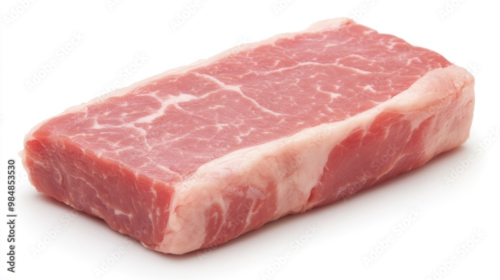 A high-definition image of a pork loin with a marbled surface, showing its fresh, pink color and texture, set against a pristine white background. A high-definition image of a pork loin with a marbled surface, showing its fresh, pink color and texture, set against a pristine white background.