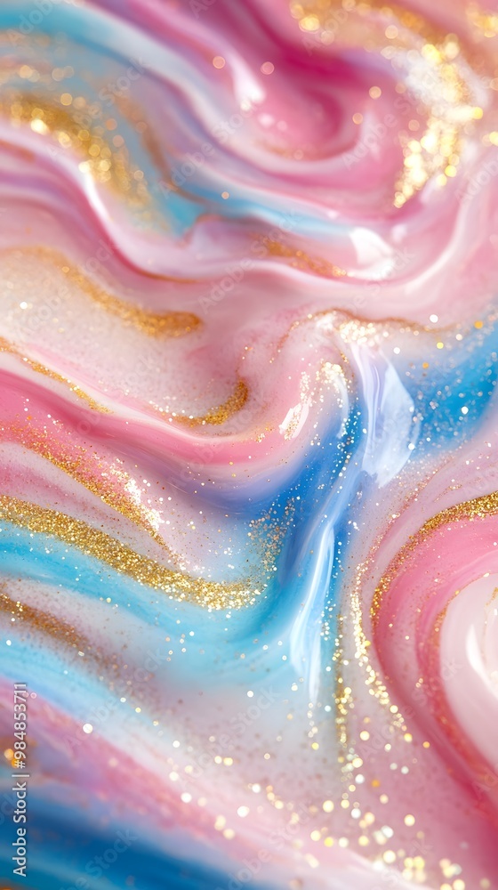 Close-up of glitter and pastel pink, blue, and gold liquid swirls layered on top of each other.