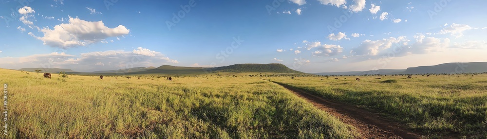 Panoramic view of a grassy savannah under a blue sky with scattered clouds in a serene natural landscape. Panoramic view of a grassy savannah under a blue sky with scattered clouds in a serene natural landscape.