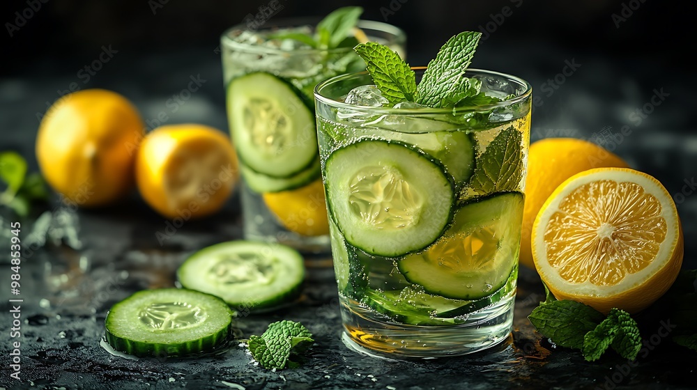 Refreshing cucumber, lemon, and mint infused water in glasses with ice. Refreshing cucumber, lemon, and mint infused water in glasses with ice.