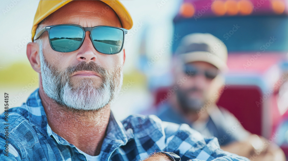 A man in sunglasses and a yellow cap looks at the camera. A man in sunglasses and a yellow cap looks at the camera.