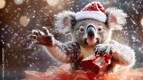 A Cute Koala in a Festive Santa Hat Enjoys the Holiday Season With Snowy Cheer