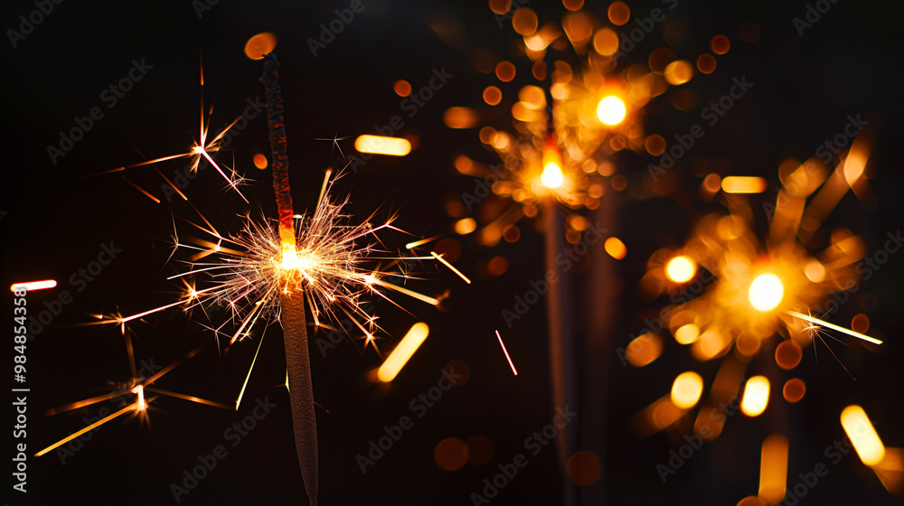 Obraz premium Glass in hand with champagne and sparklers on a dark background