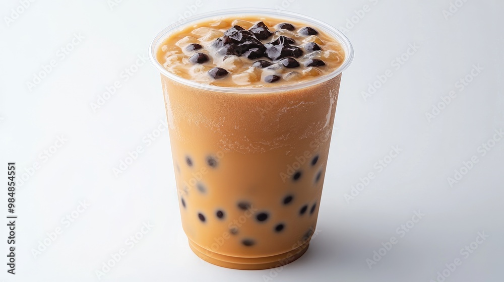 A high-definition shot of a cup of bubble tea with a smooth, creamy layer of milk tea and chewy tapioca pearls, set on a minimalist white backdrop. A high-definition shot of a cup of bubble tea with a smooth, creamy layer of milk tea and chewy tapioca pearls, set on a minimalist white backdrop.