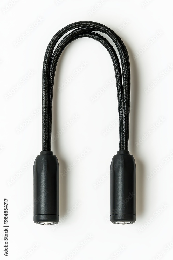 A black audio adapter cable with dual connectors for improved connectivity in audio applications, white background A black audio adapter cable with dual connectors for improved connectivity in audio applications, white background