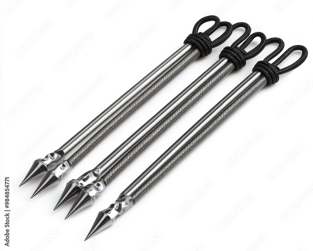 A set of three stainless steel spear points with durable loops, ideal for fishing or hunting activities, white background A set of three stainless steel spear points with durable loops, ideal for fishing or hunting activities, white background