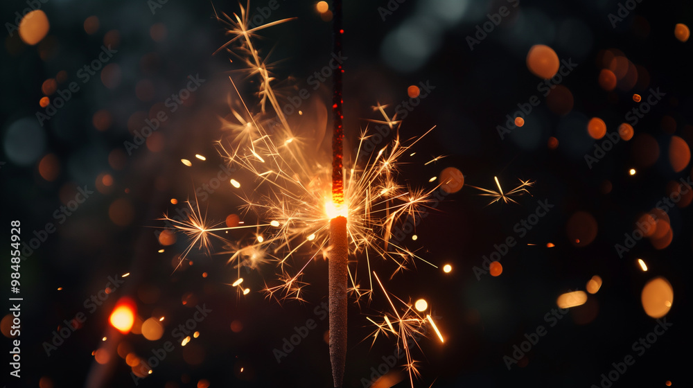 Fototapeta premium Sparkling fire on a black background with golden bokeh