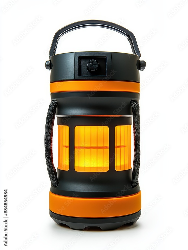 Naklejka premium Bright and portable lantern with orange accents, ideal for camping, outdoor activities, or emergency situations, white background