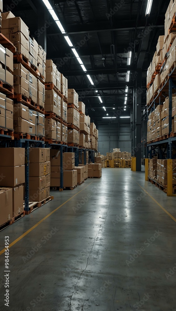 Modern warehouse with digital interfaces and automated machinery, showing futuristic logistics.