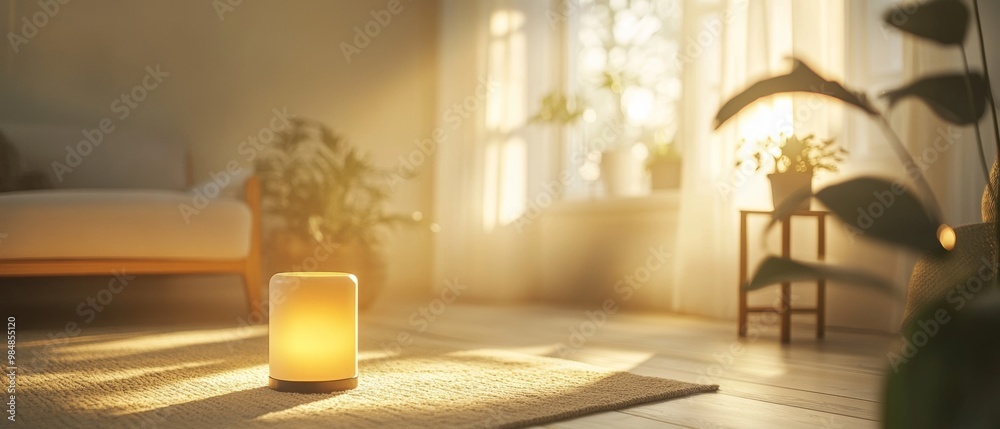 A small lamp sits on a rug in a sunlit room A small lamp sits on a rug in a sunlit room