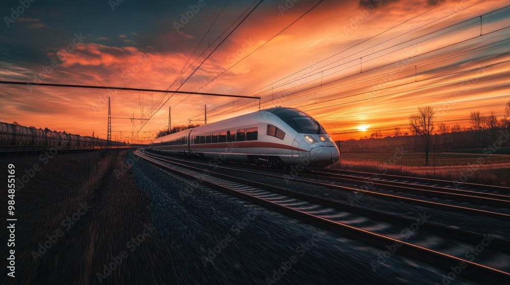 A high-speed train speeding along its tracks, captured at sunset with the sky painted in warm orange and pink hues, highlighting the beauty of travel. A high-speed train speeding along its tracks, captured at sunset with the sky painted in warm orange and pink hues, highlighting the beauty of travel.
