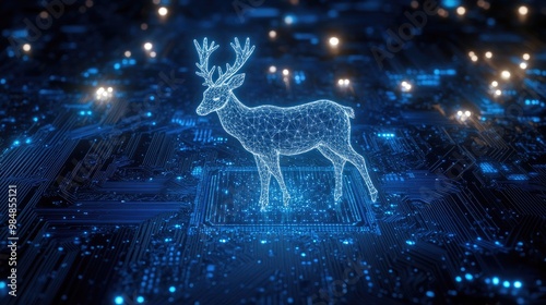 A digital deer stands on a circuit board, a blue glow outlining its form against a dark background. photo