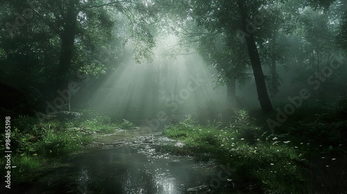 Enchanted Forest Stream: Sunlight Through Mist