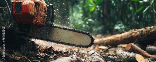 Close-up of a chainsaw cutting through a log in a dense, green forest, capturing the action and power of logging in nature.