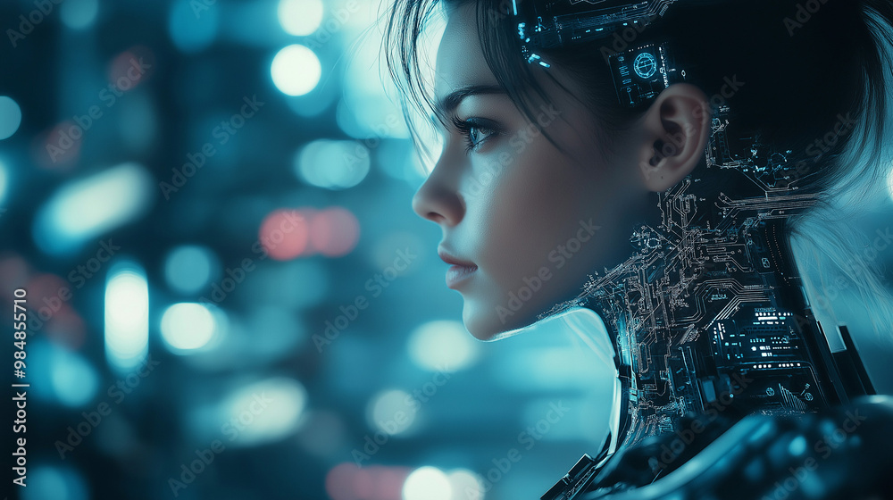 Beautiful woman, half robot with long hair and cybernetic details on her head and neck. In the background, there is an AI network connection in dark blue tones. Beautiful woman, half robot with long hair and cybernetic details on her head and neck. In the background, there is an AI network connection in dark blue tones.