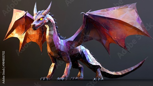 A low poly model of a dragon with detailed UV mapping, showing how texture unwrapping translates into vibrant and accurate surface details on a minimal polygon mesh  photo