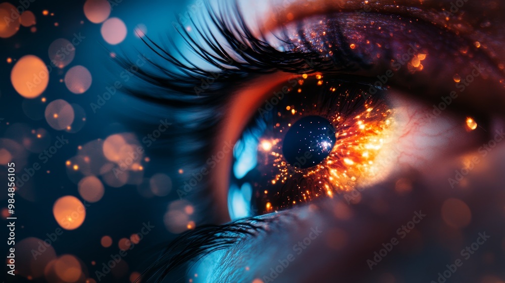 A close-up of an eye, showcasing a vibrant, swirling universe within the iris, symbolizing wonder, awe, curiosity, imagination, and the vastness of the unknown. A close-up of an eye, showcasing a vibrant, swirling universe within the iris, symbolizing wonder, awe, curiosity, imagination, and the vastness of the unknown.