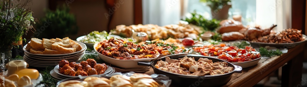 A table filled with a diverse array of delicious home-cooked dishes, showcasing a vibrant and appetizing meal spread in a cozy setting. A table filled with a diverse array of delicious home-cooked dishes, showcasing a vibrant and appetizing meal spread in a cozy setting.