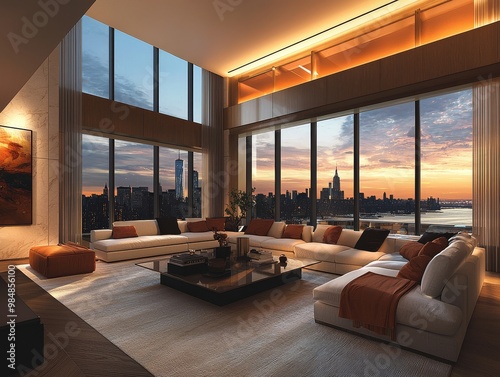 Penthouse Living Room with City Skyline View, Contemporary Sectional Sofa, Orange Blanket, New York City, Architecture, Interior Design