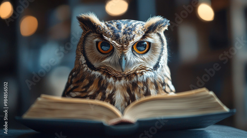 Wallpaper Mural Owl with large, bright eyes intently looks at an open book. Torontodigital.ca