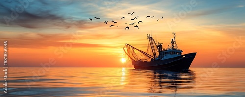 Fishing boat at sunset with birds flying over calm sea, capturing serene maritime scene with vibrant sky.