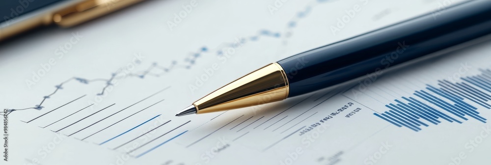 A pen rests on a financial document showcasing graphs and data, symbolizing analysis, planning, strategy, growth, and investment. A pen rests on a financial document showcasing graphs and data, symbolizing analysis, planning, strategy, growth, and investment.