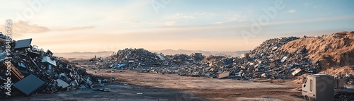 A panoramic view of a vast scrapyard filled with piles of metal and industrial waste under a partly cloudy sky during sunset.