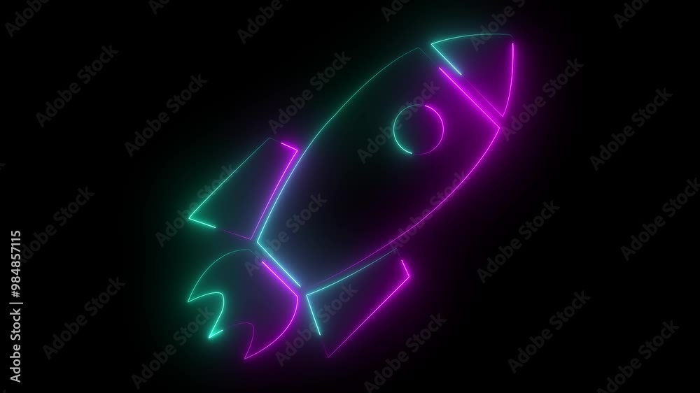 glowing neon simple rocket icon animation video on black background. glowing neon simple rocket icon animation video on black background.