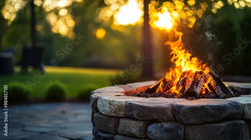 A rustic stone fire pit with a warm sunset glow in the background, symbolizing warmth, relaxation, nature, gathering, and togetherness.