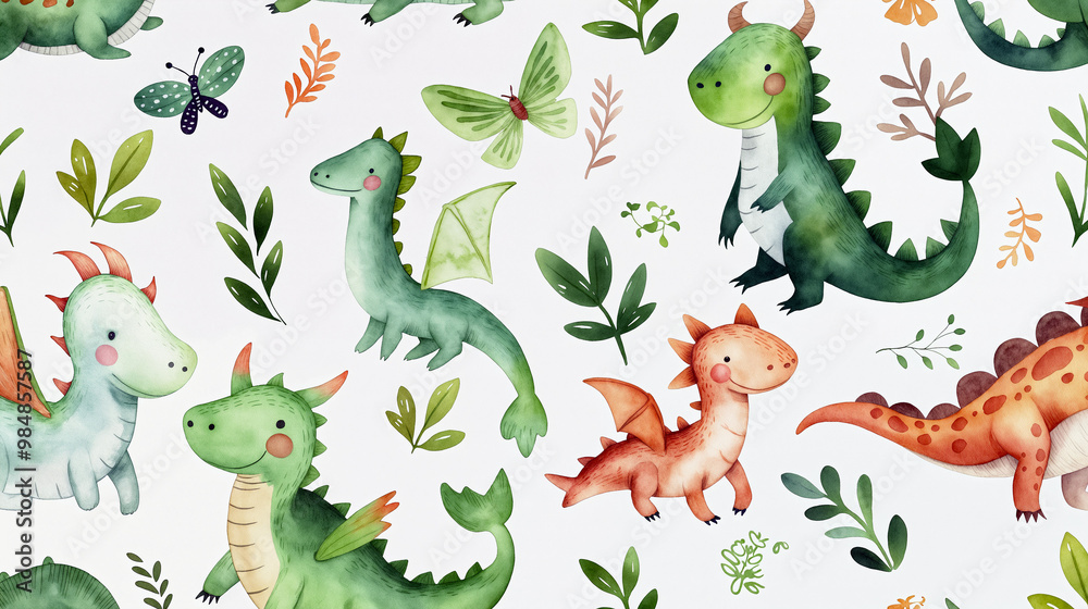 Naklejka premium A collection of whimsical dinosaur illustrations surrounded by green leaves, featuring different species in vibrant colors, ideal for children artwork or accessories - Generative AI