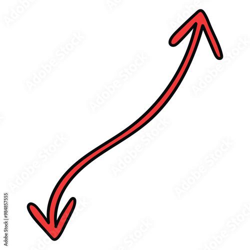 Hand drawn cartoon red double arrow on white background.