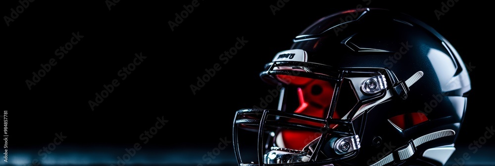 A sleek black football helmet with modern design features, showcasing a focus on safety and performance. The helmet features a black exterior with red accents, and a chrome facemask. A sleek black football helmet with modern design features, showcasing a focus on safety and performance. The helmet features a black exterior with red accents, and a chrome facemask.
